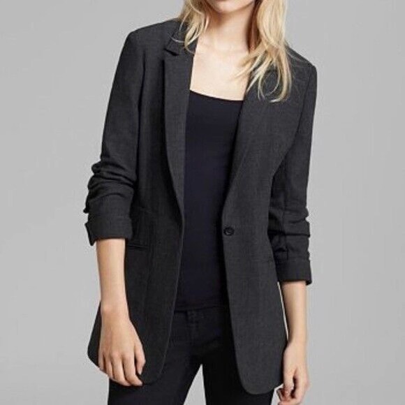 Elizabeth and James Ponte Jacket Blazer Gray 3/4 Ruched Sleeve Barnes On… - Picture 1 of 8